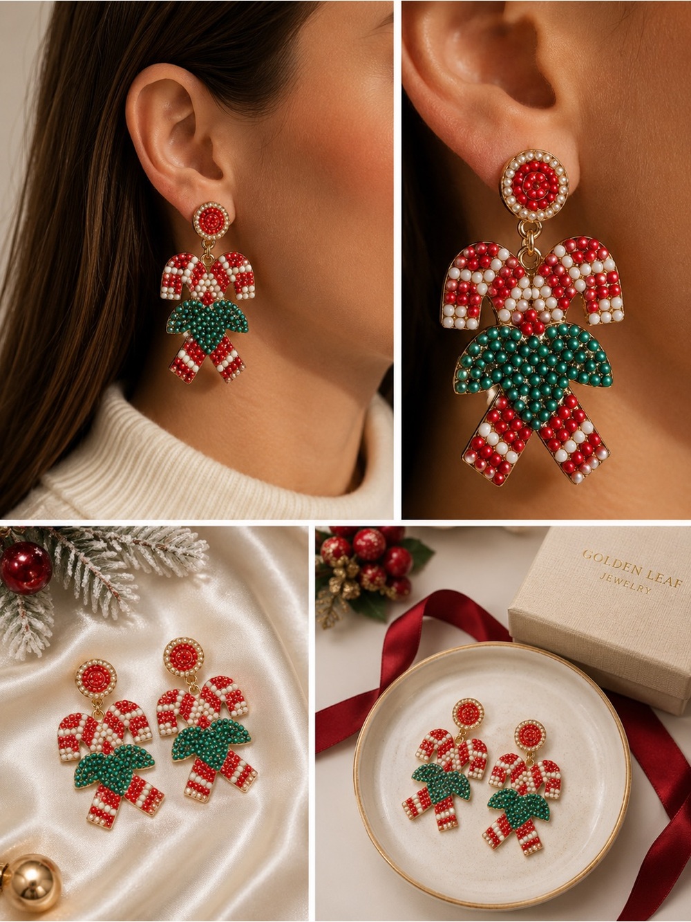 Candy Cane Dangle Earrings Christmas Red White Green Seed Beaded Jewelry
